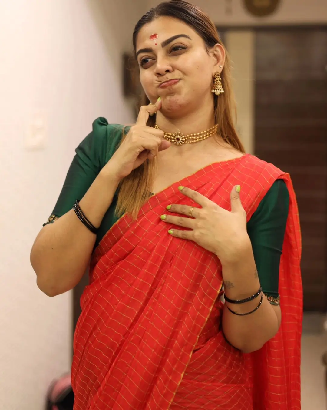 Anusree Nair In South Indian Traditional Red Saree Green Blouse